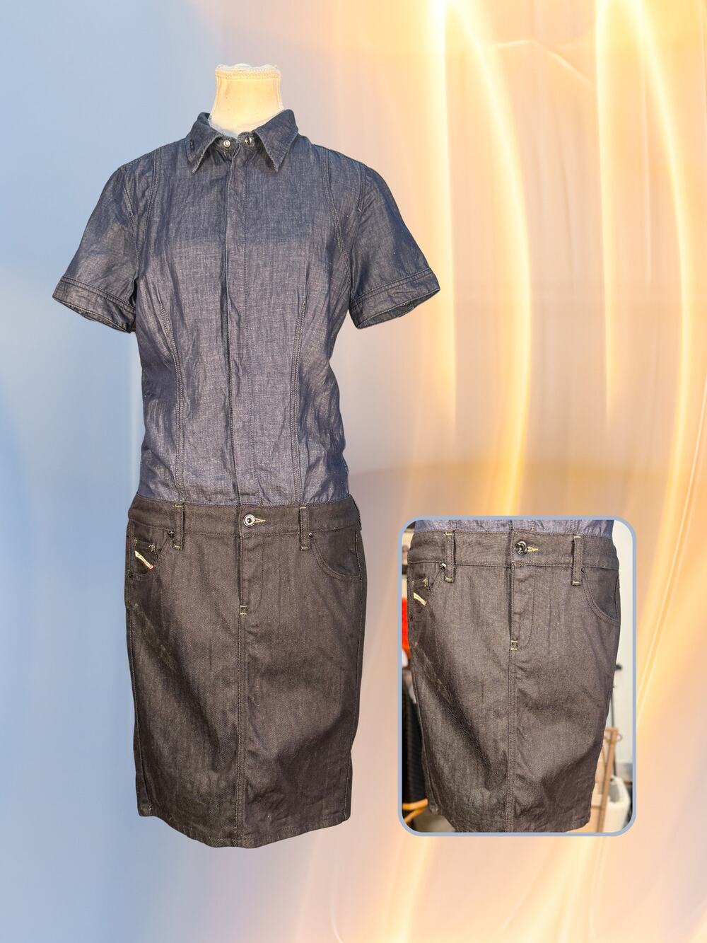 Vintage Y2K Authentic Diesel Ind Denim 2-Tone Drop Waist Pencil Skirt Dress M